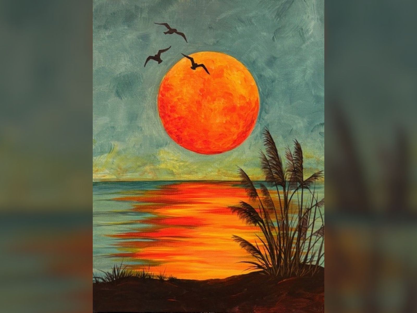 Painting of a large orange harvest moon over water with birds flying and tall grasses in the foreground.