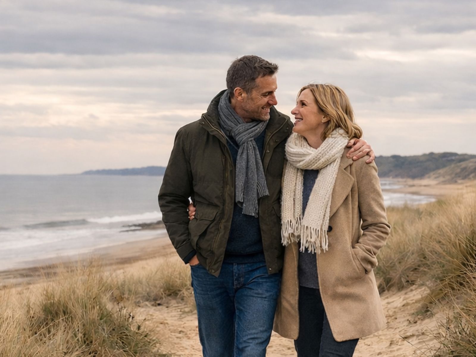 Couple walking together on a sandy beach in winter clothing