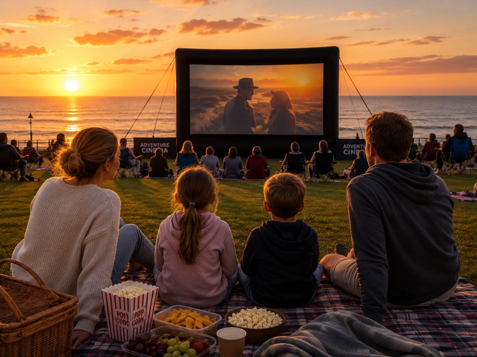 Family watching an outdoor cinema screening by the sea at sunset