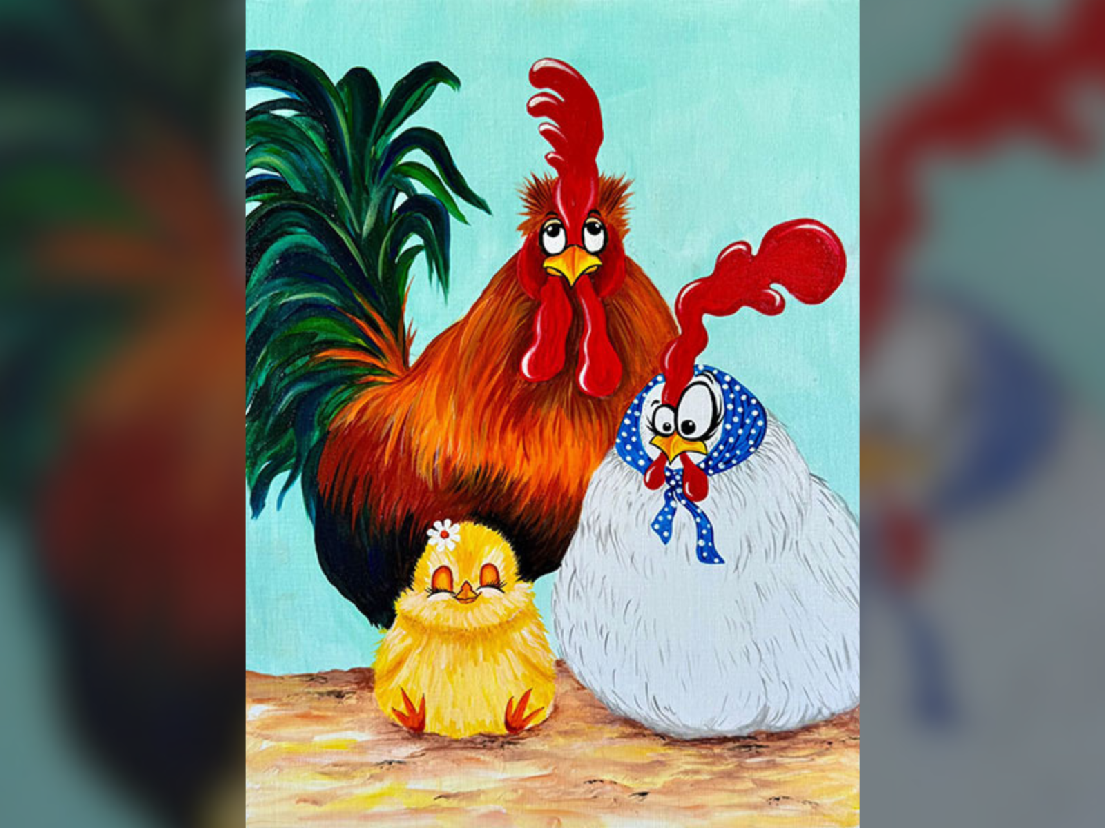 Illustration of the Fowler family: a proud rooster, a white hen in a blue polka-dot bonnet, and a fluffy yellow chick.