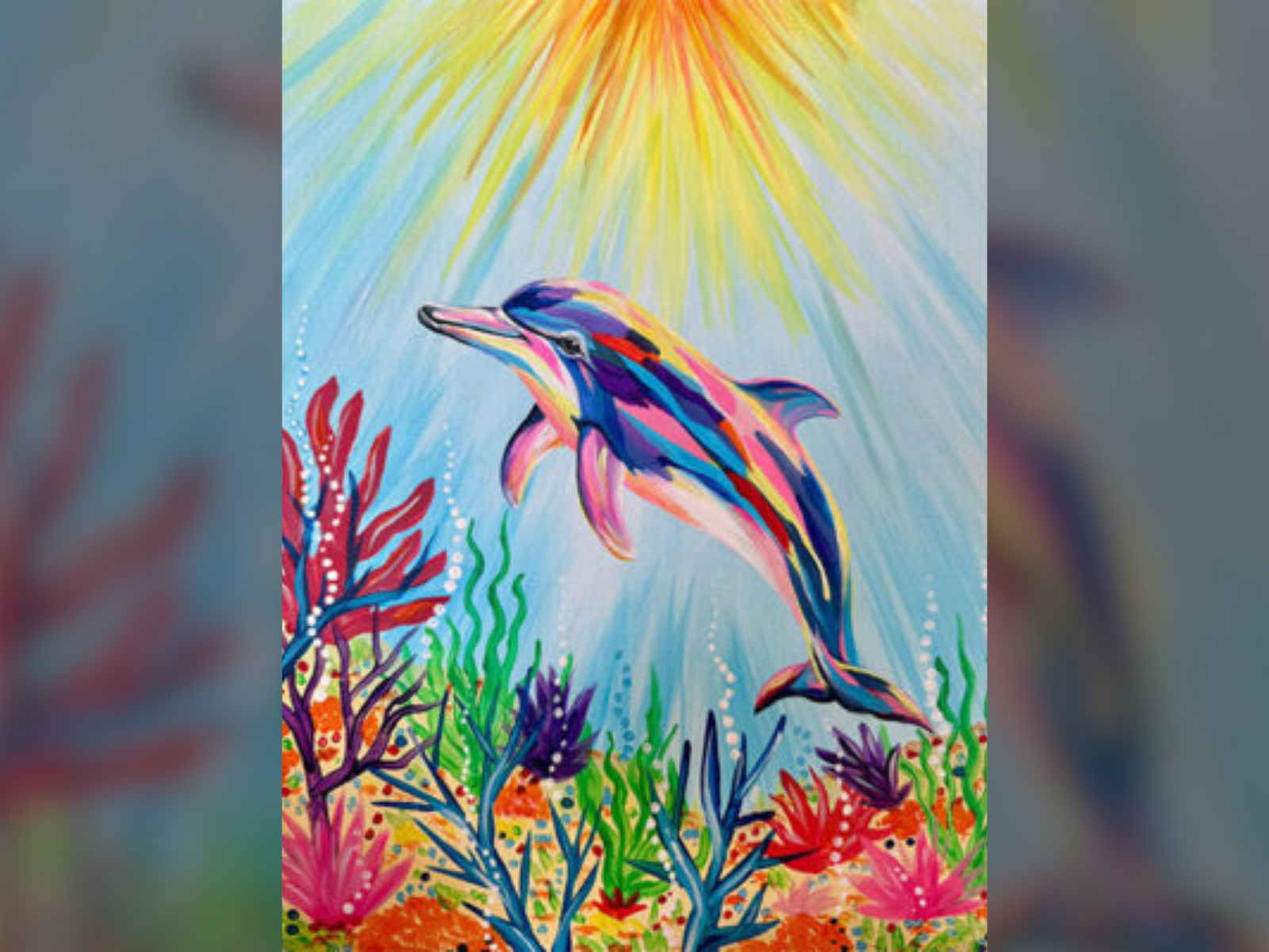 Colourful illustration of a dolphin swimming above a vibrant coral reef with sunbeams shining through the water