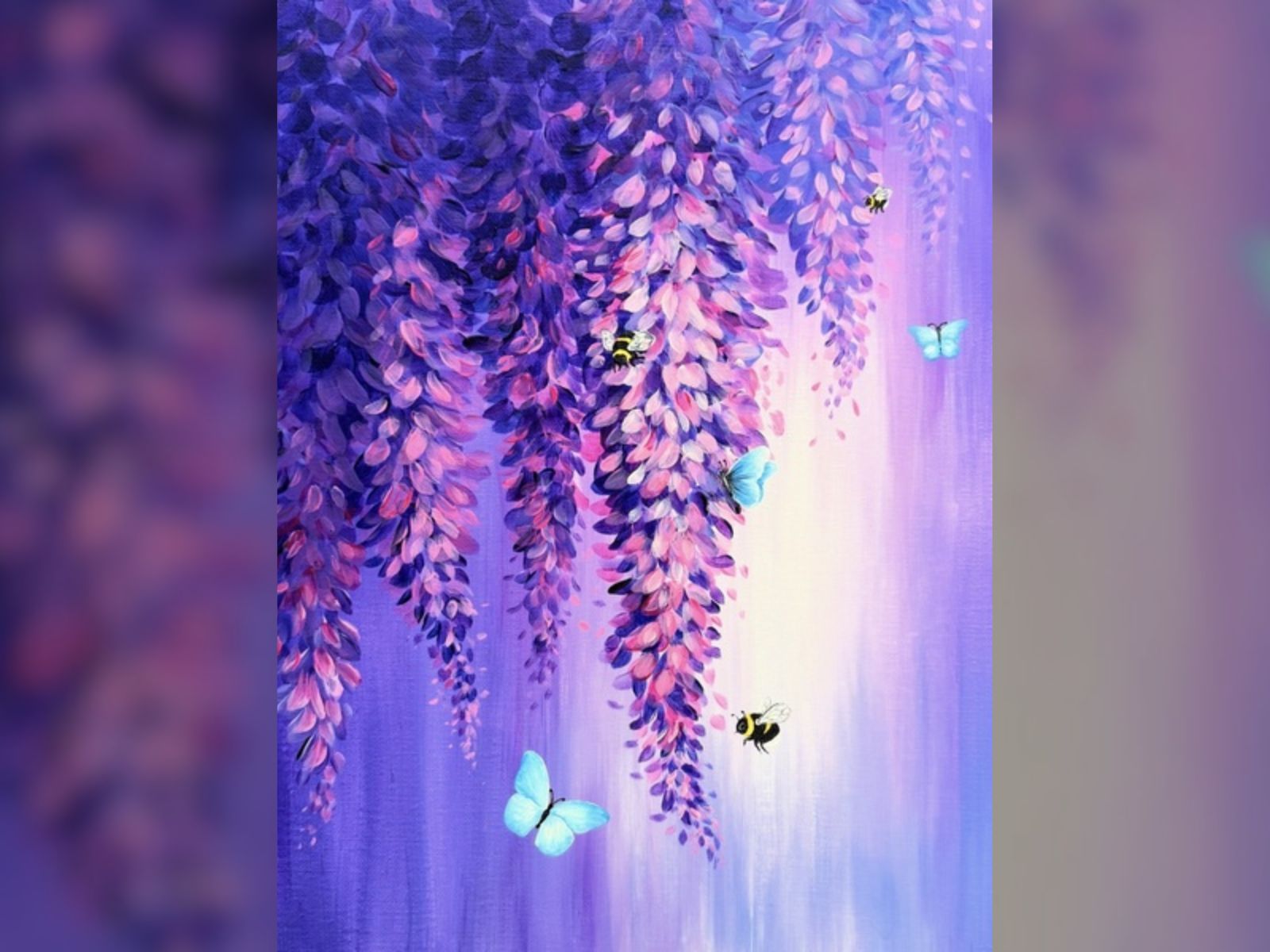 Purple and pink wisteria blossoms hanging in clusters with blue butterflies and small bees on a soft lavender background