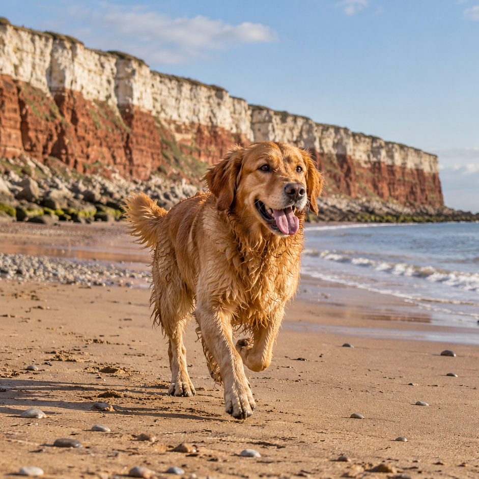 Golden retriever walking along the sandy beach at Old Hunstanton with cliffs and sea in the background