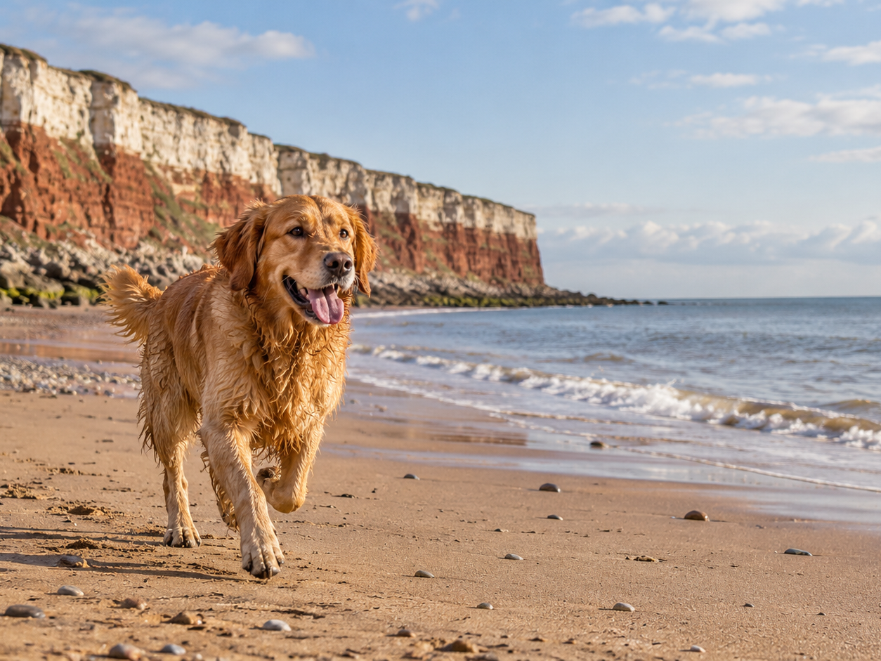 Golden retriever walking along the sandy beach at Old Hunstanton with cliffs and sea in the background