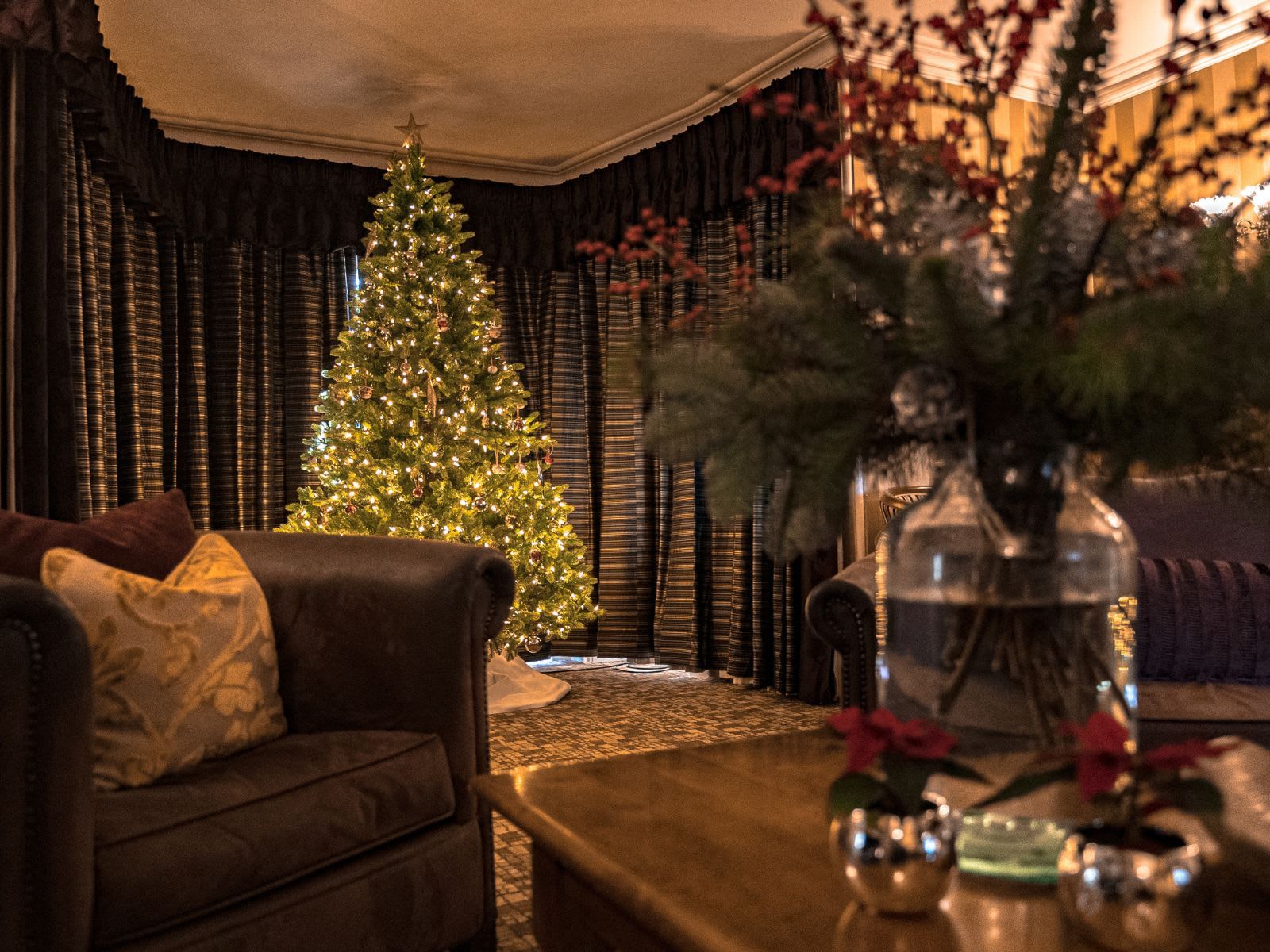 Cosy drawing room decorated for Christmas