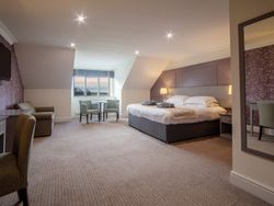 Spacious contemporary hotel room with grey furnishings.