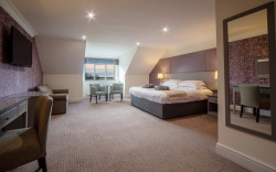 Spacious contemporary hotel room with grey furnishings.