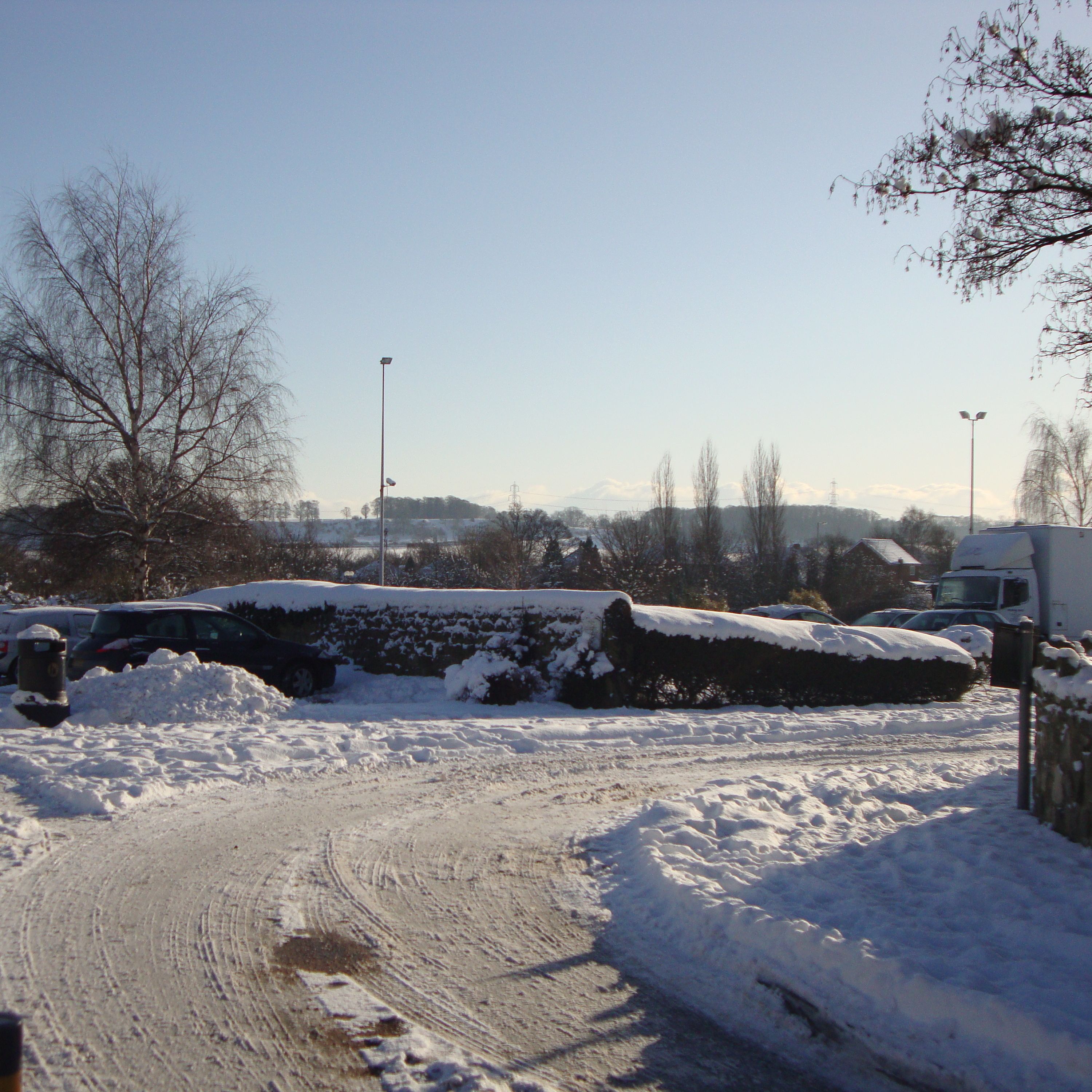 Snow-covered road with parked cars and trees on a clear winter day