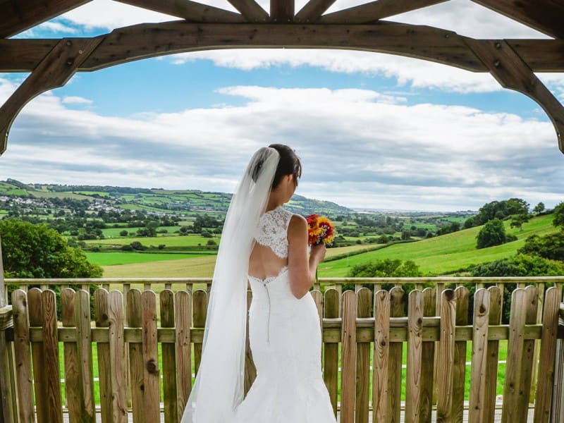 A Bride looking out at the countryside.