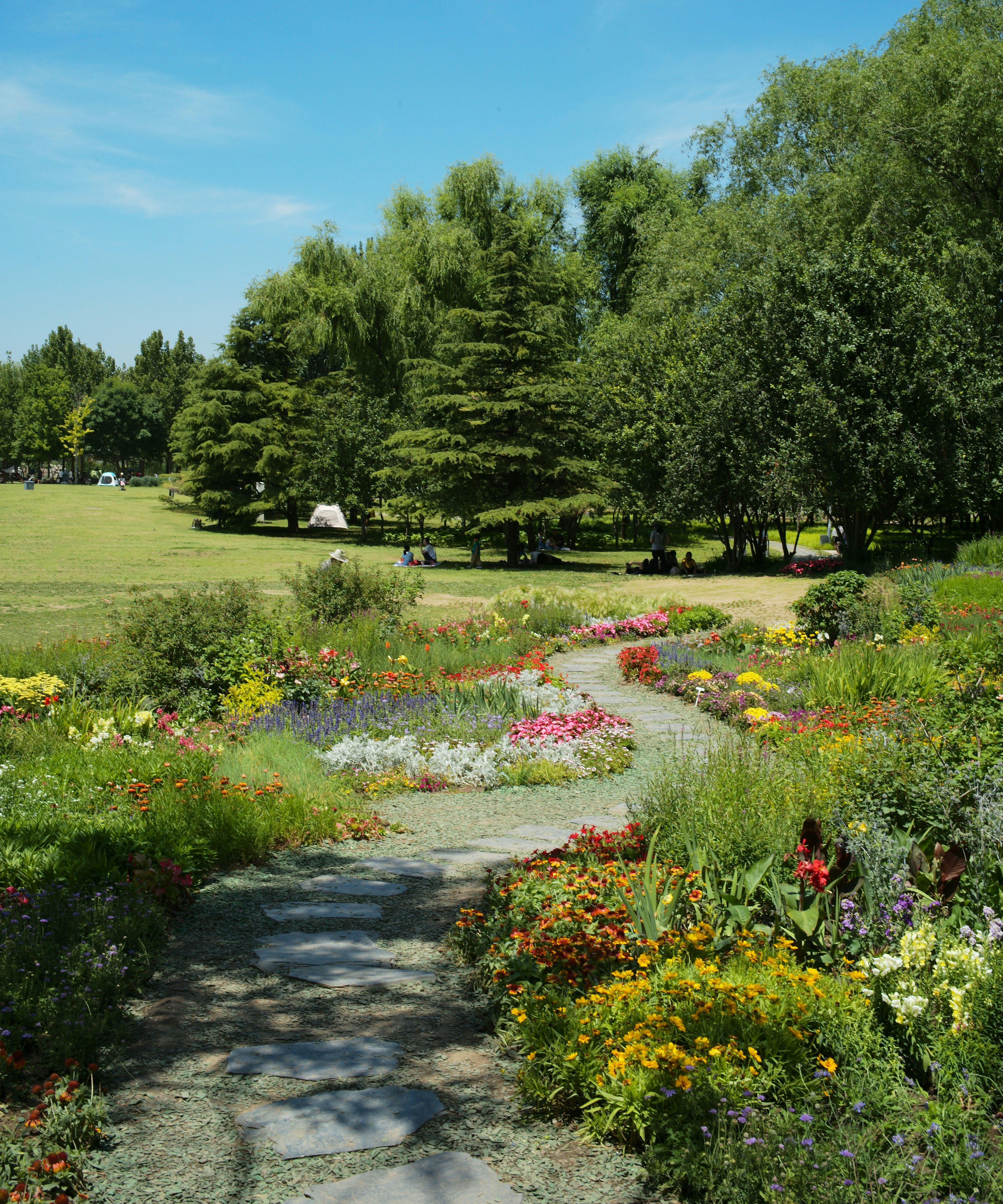 A scenic park with a stone path winding through colorful flower beds and lush green trees under a clear blue sky.