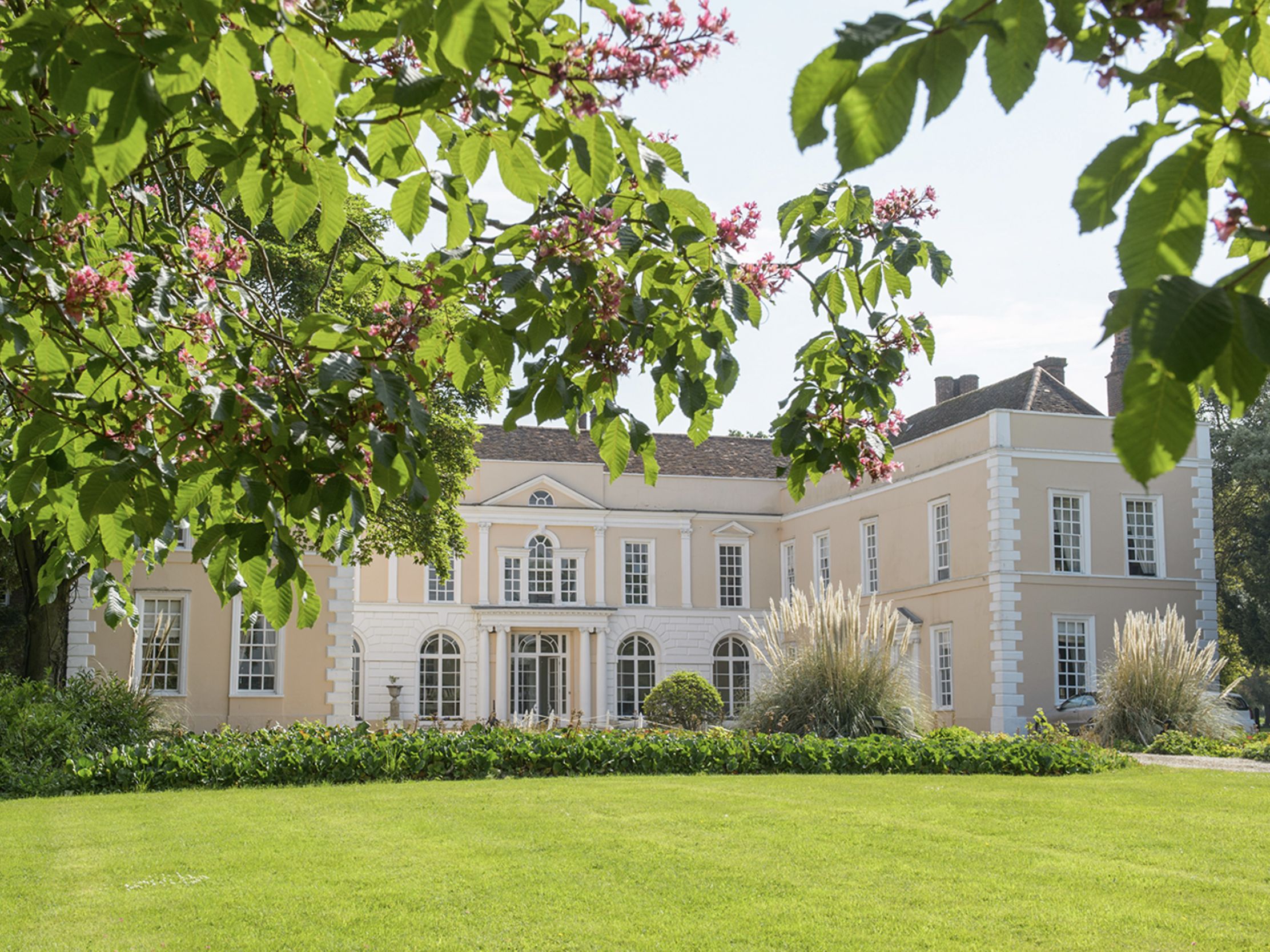 Elegant manor house with manicured lawn and flowering tree branches in foreground
