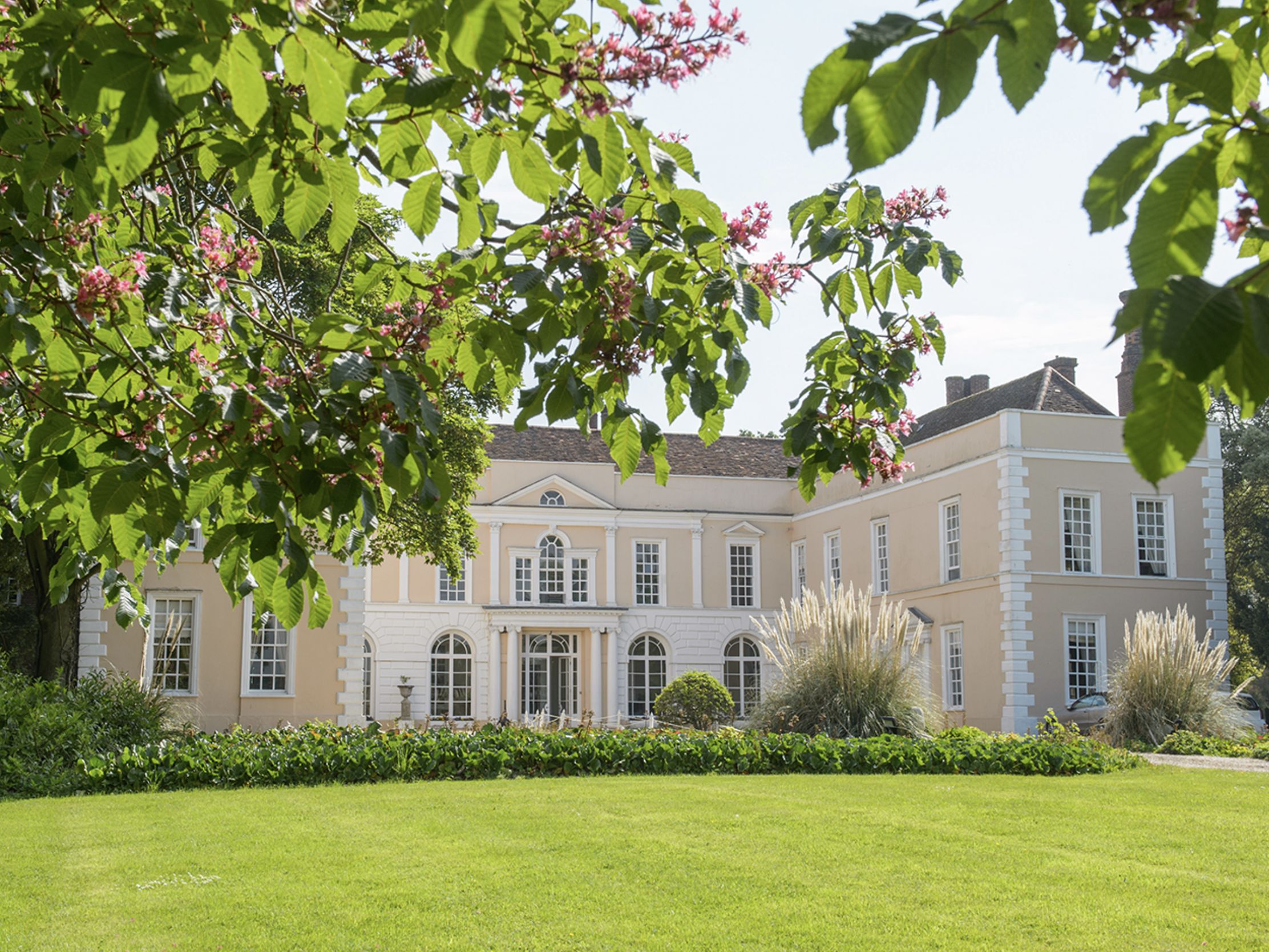 Elegant manor house with manicured lawn and flowering tree branches in foreground