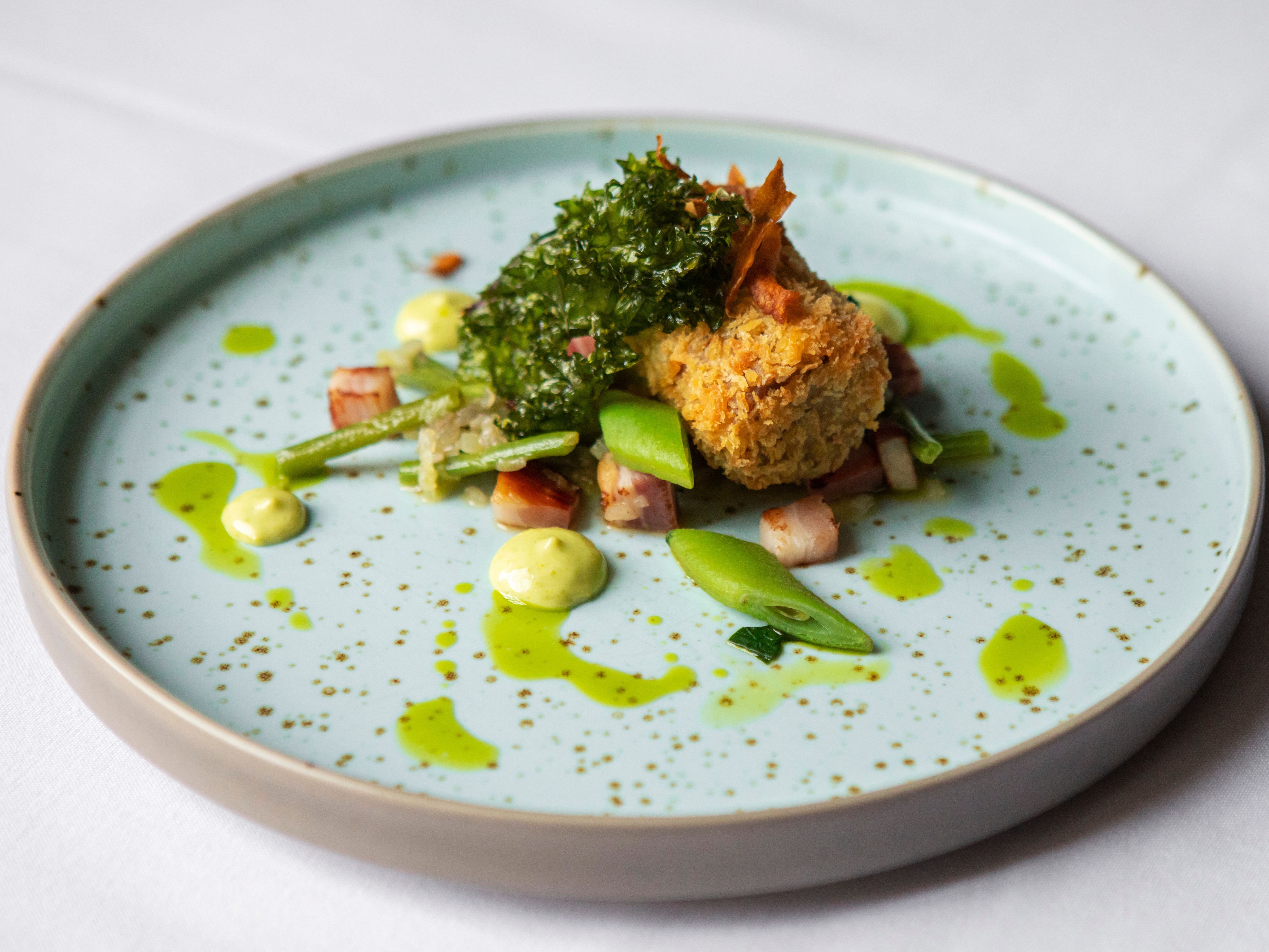 Plated gourmet dish featuring a golden-brown croquette with vegetables and green sauce drizzled on a speckled plate
