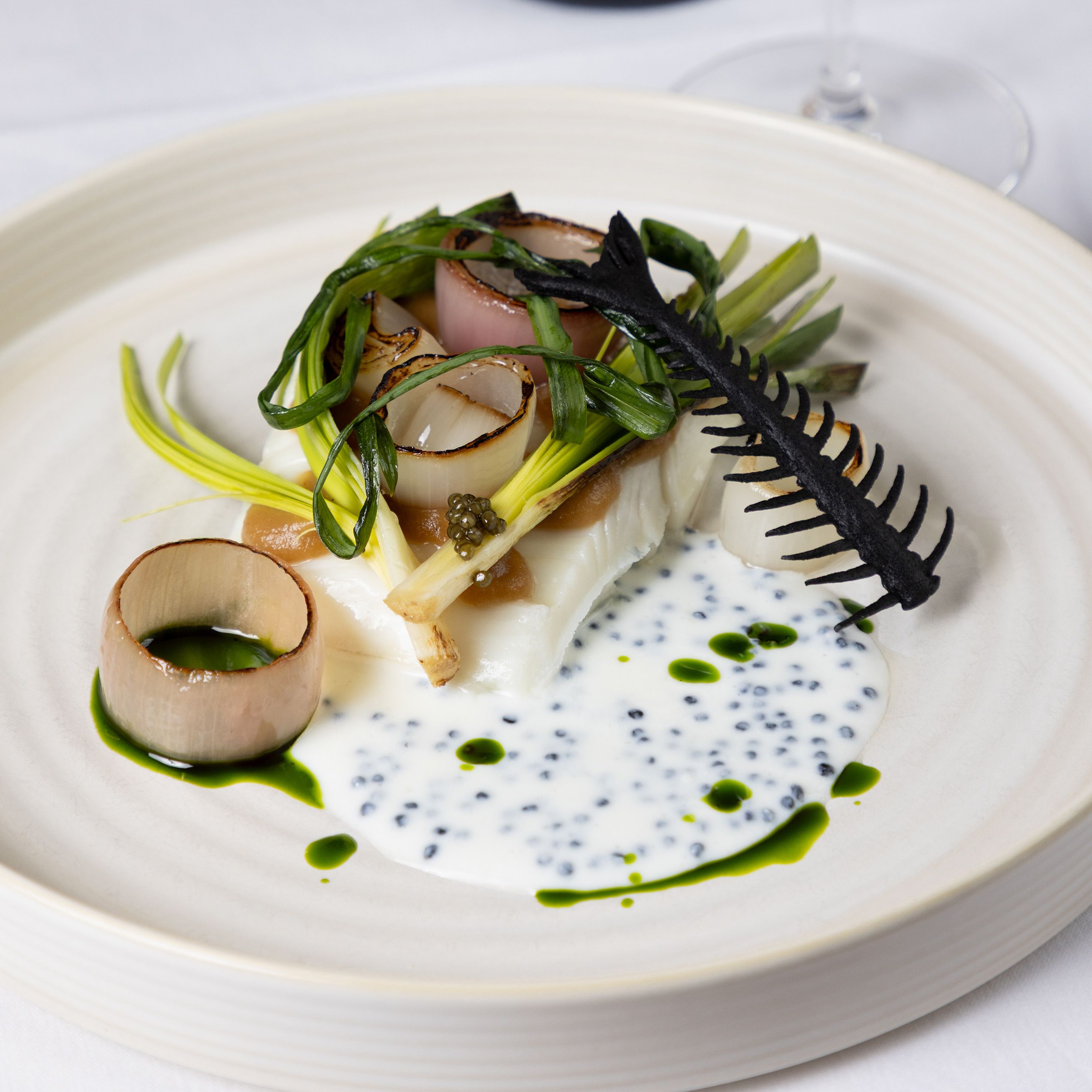 Gourmet fish dish with grilled vegetables, sauce, and wine