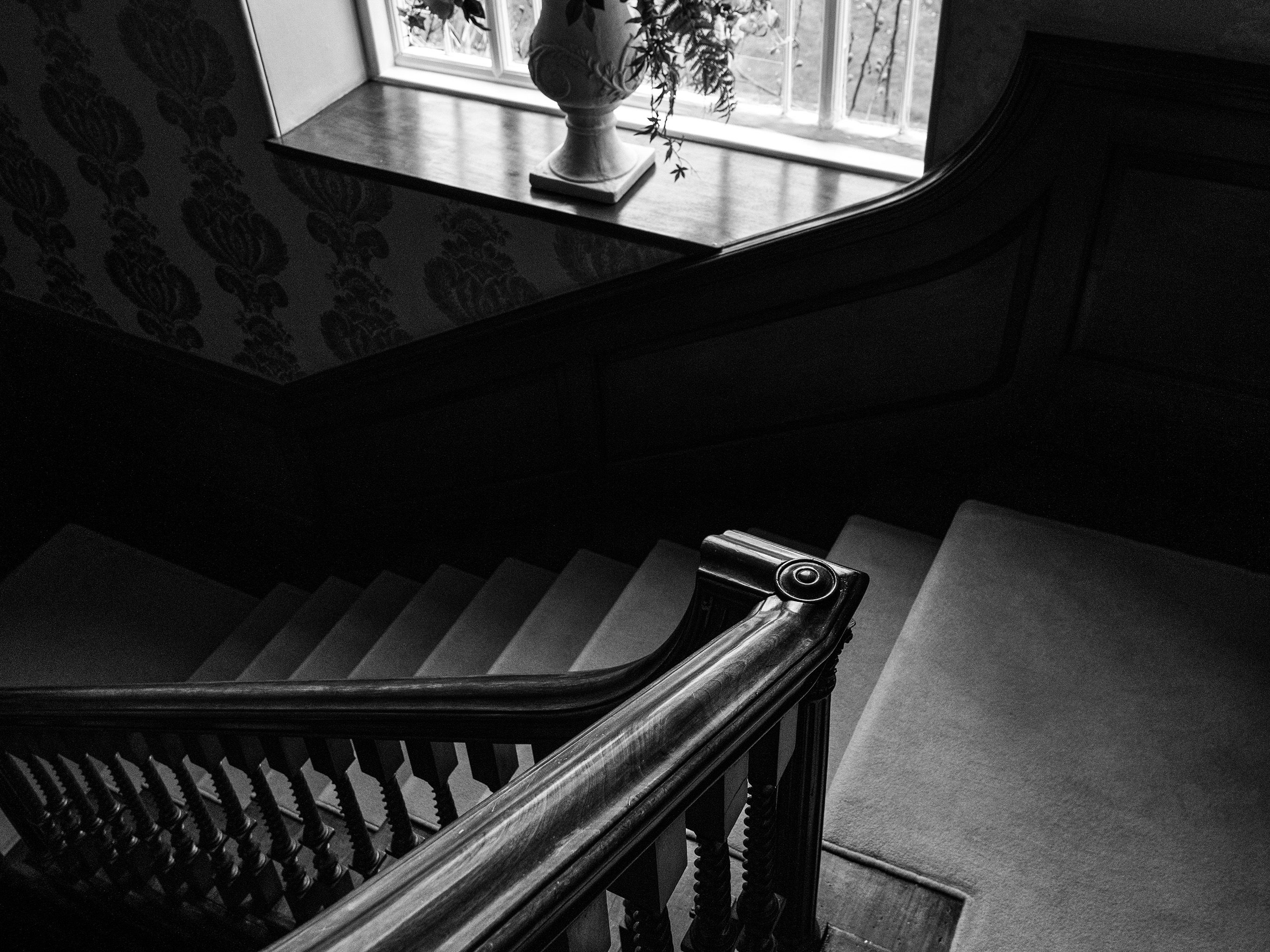 Black and white photo of a staircase with a vase of flowers on a windowsill