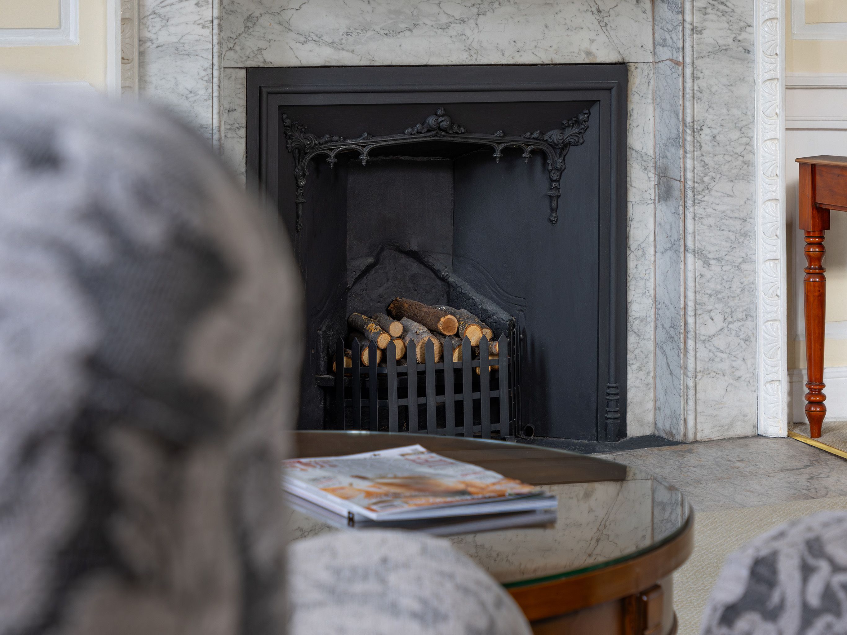 Elegant marble fireplace with decorative grate and logs in a refined living room