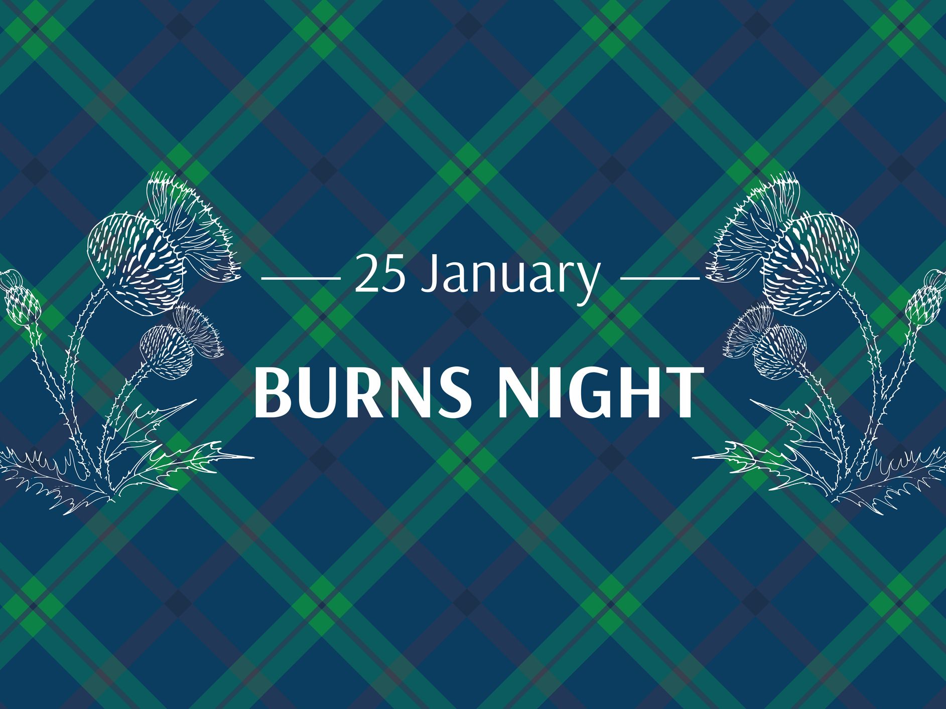 Burns Night 25 January graphic with thistles and Scottish tartan background