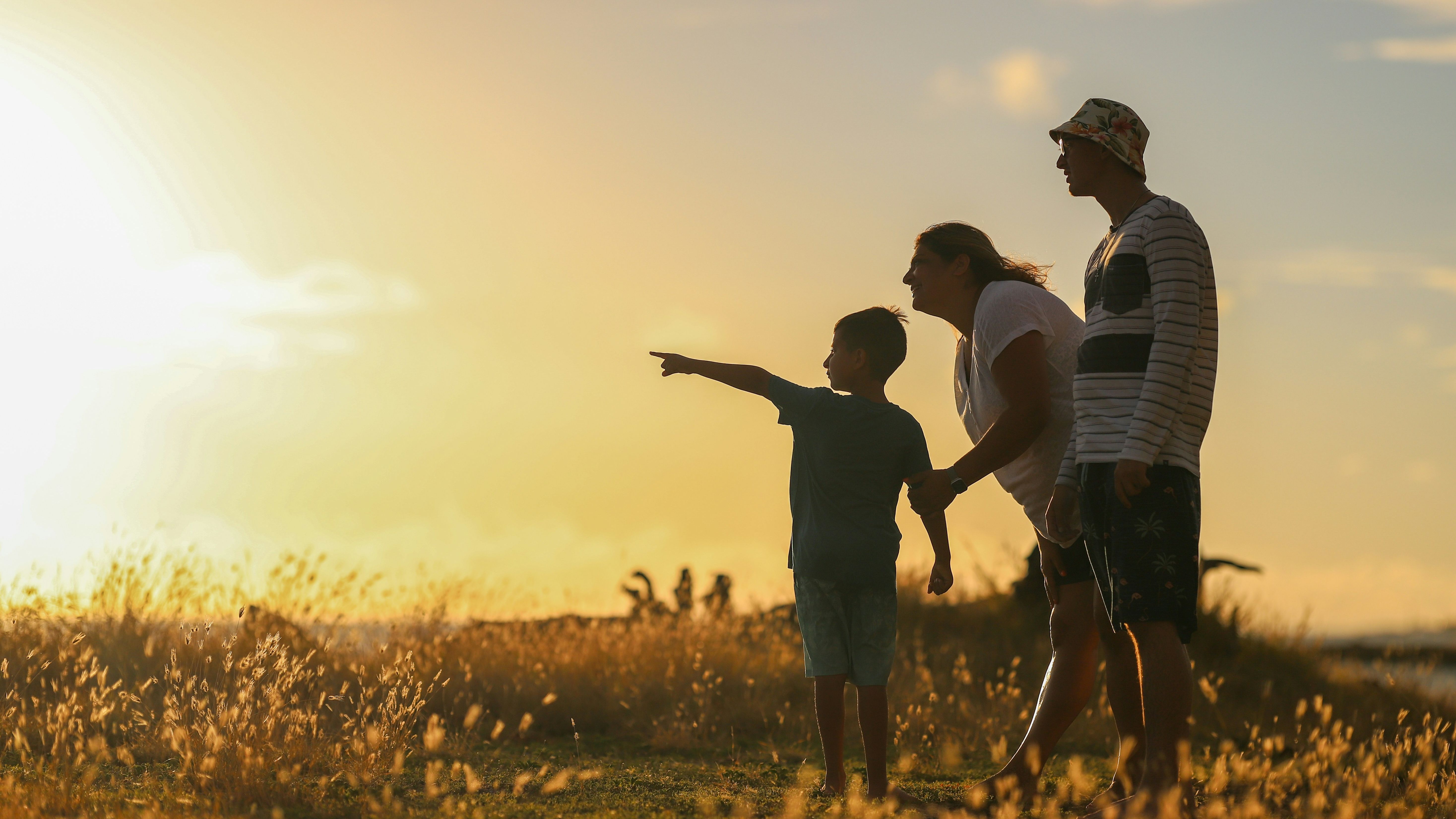 Family standing in a grassy field at sunset with a child pointing towards the horizon