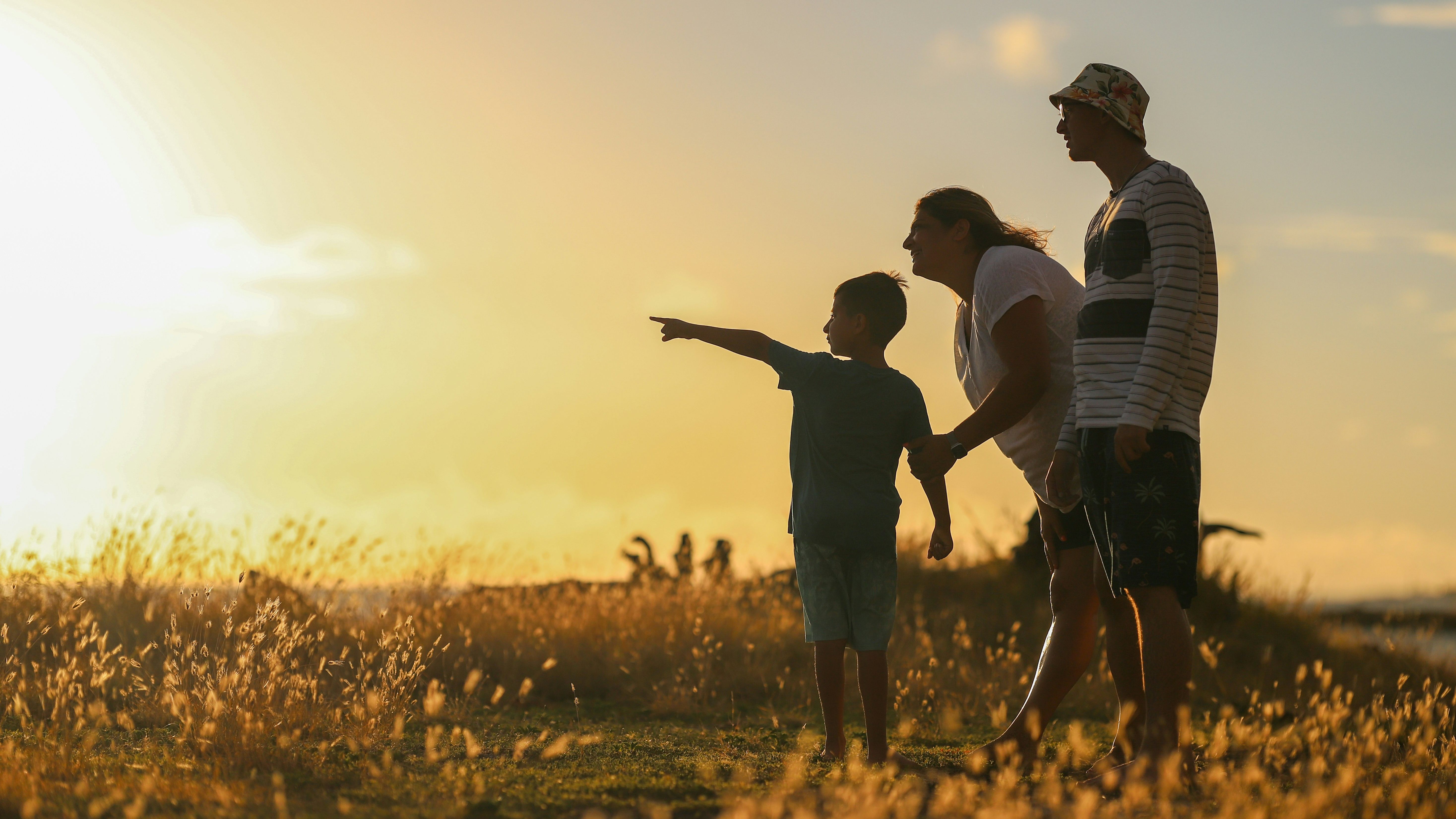 Family standing in a grassy field at sunset with a child pointing towards the horizon