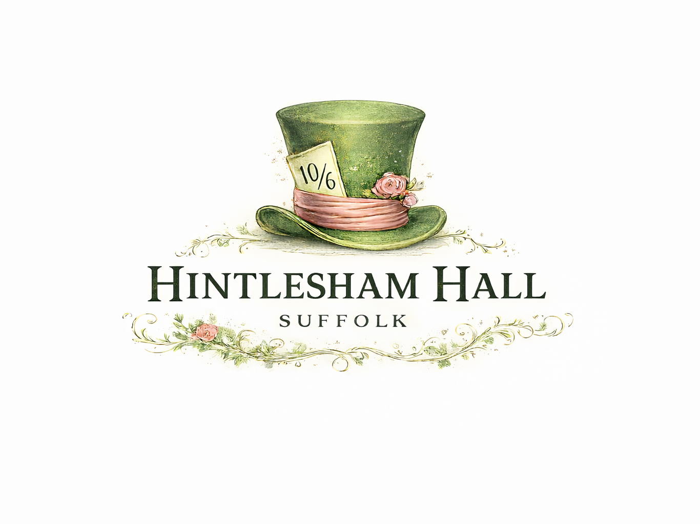 Green top hat with a 10/6 card, roses, and the text Hintlesham Hall Suffolk