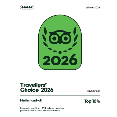 Tripadvisor Travellers’ Choice 2026 award badge for Hintlesham Hall, Top 10% worldwide.