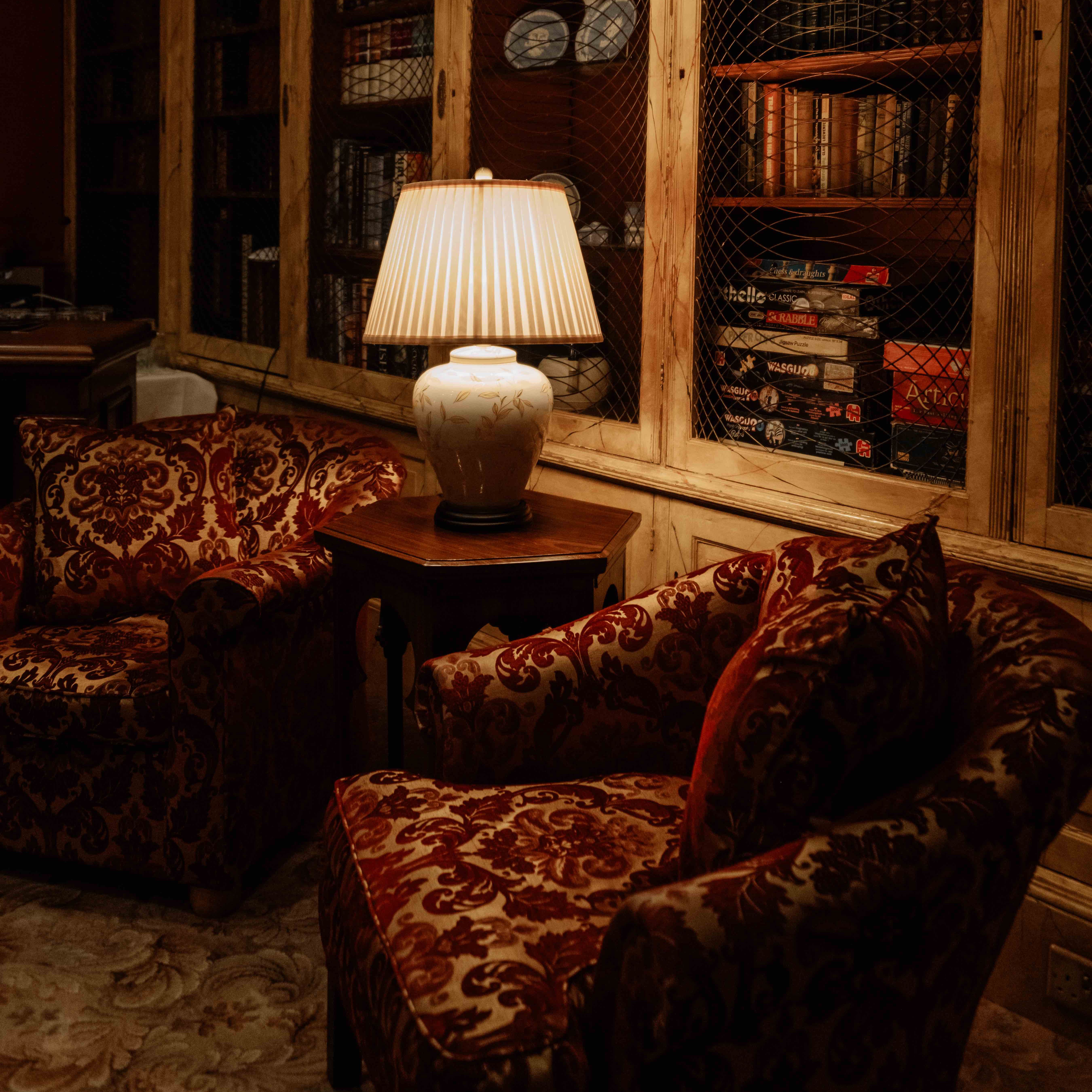 Cozy library with vintage armchairs, a side table with a lamp, and bookshelves with wire mesh doors.