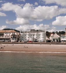Drone view of hotel over sea
