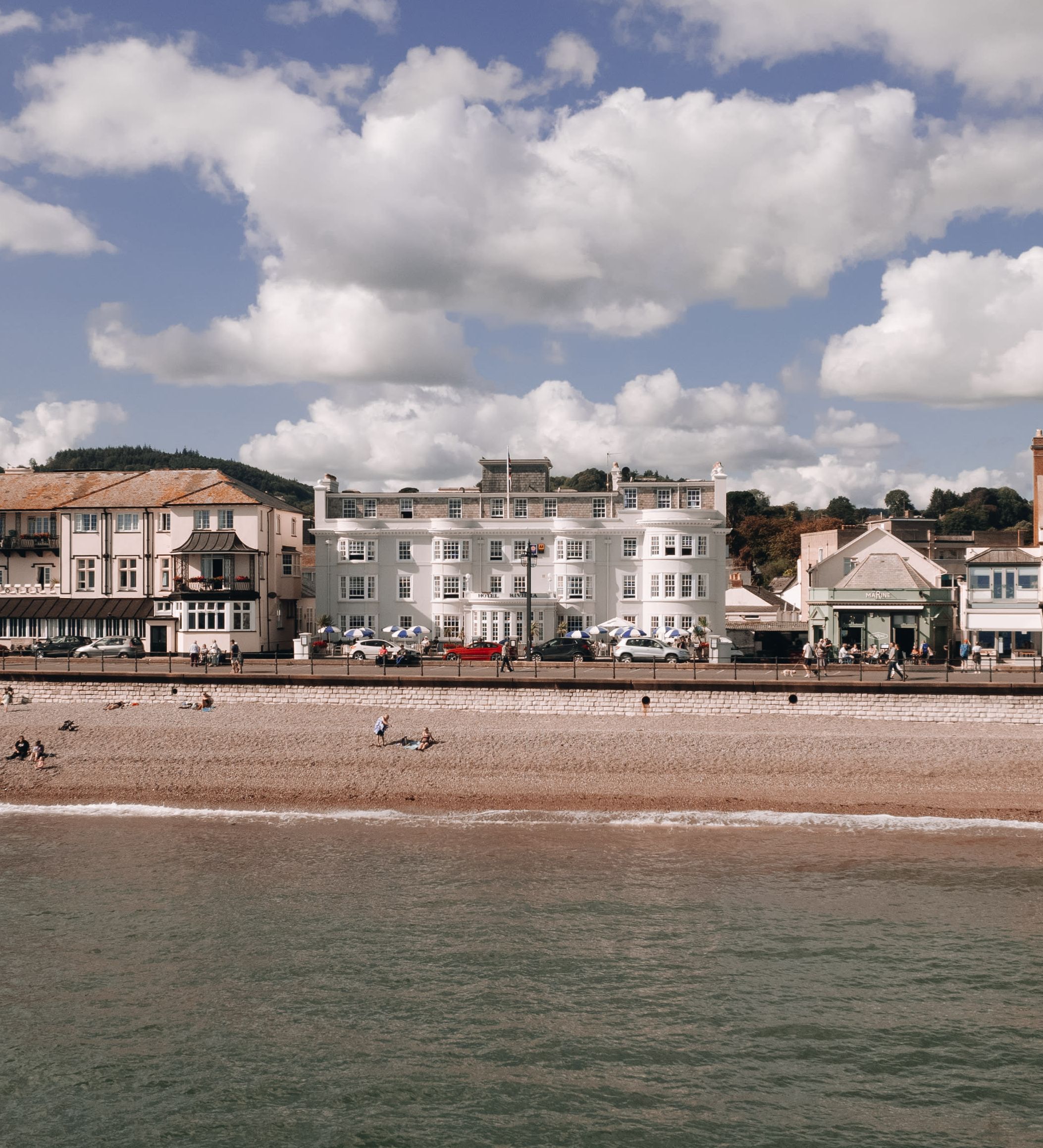 Drone view of hotel over sea