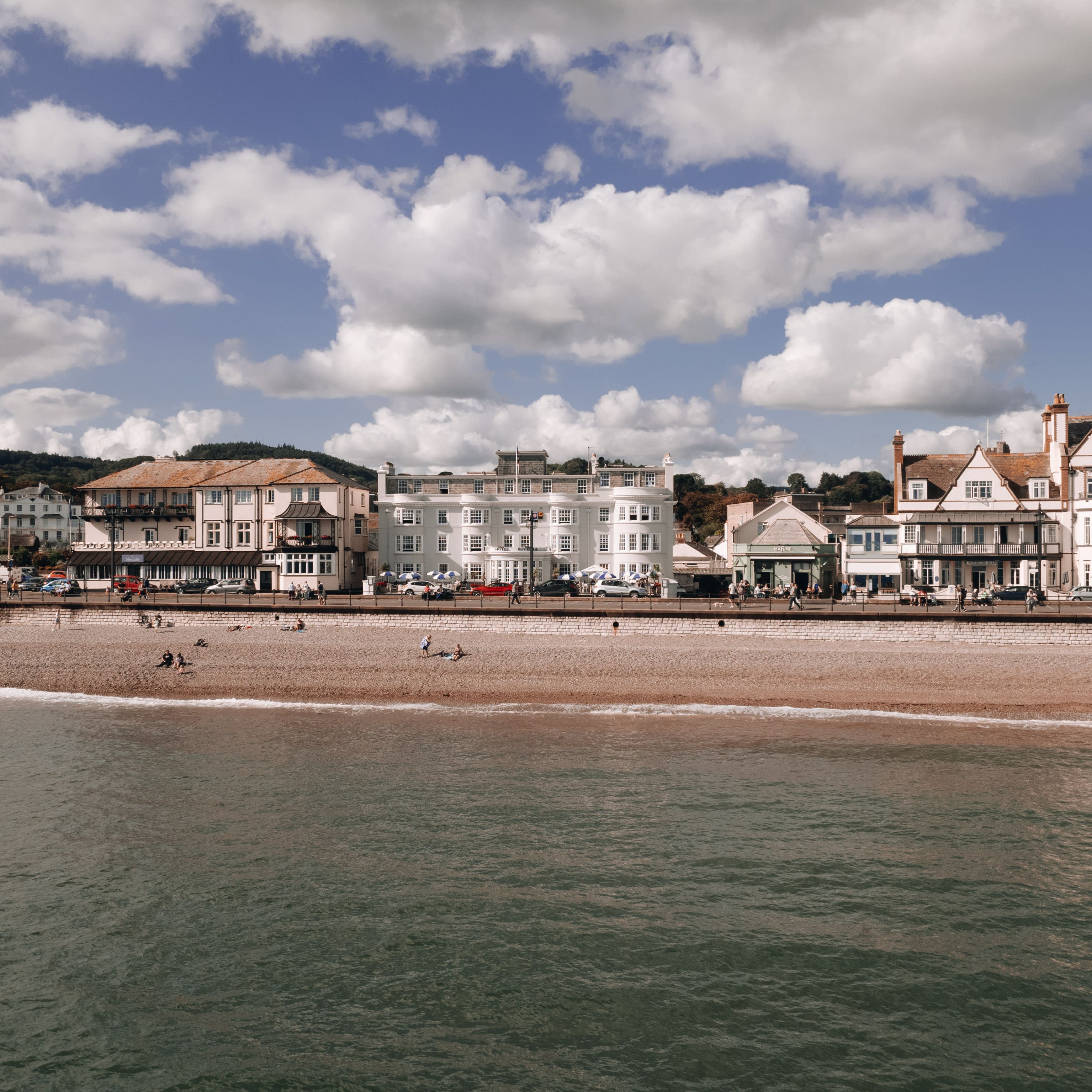 Drone view of hotel over sea