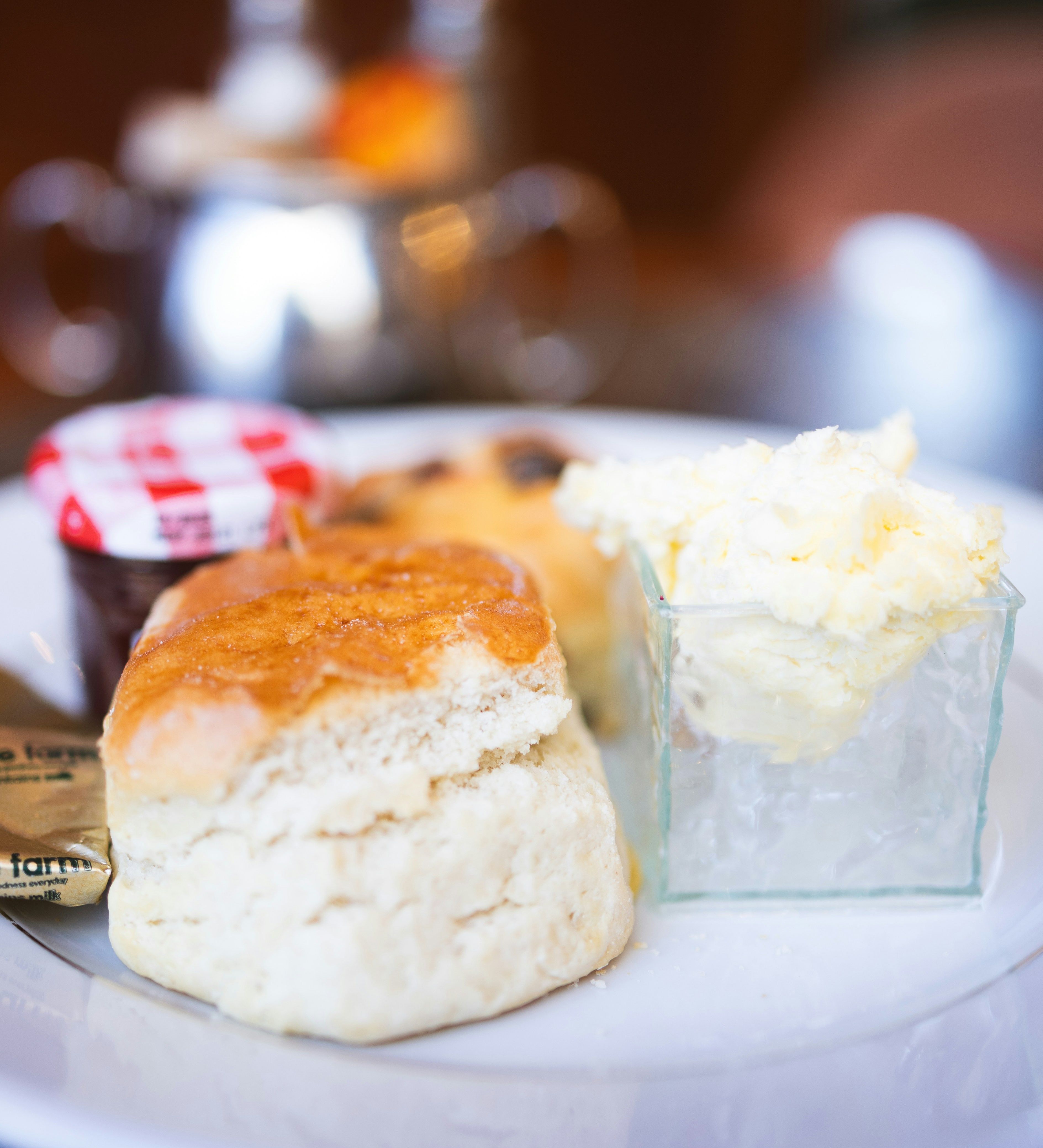 Cream tea with jam and cream on side