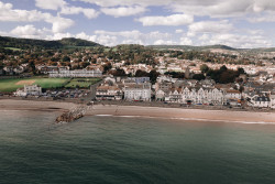 Aerial view of sea and hotel