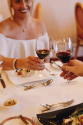 Guests with wine in dining room