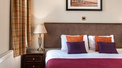 Elegant hotel room with double bed, decorative pillows, side table with lamp, and framed artwork above the headboard