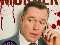 A concerned man in a suit talking on the phone, with blood splatters and the text 'The Office Murder' in the background.