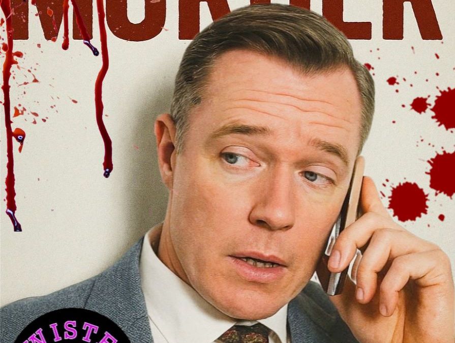 A concerned man in a suit talking on the phone, with blood splatters and the text 'The Office Murder' in the background.