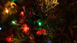 Close-up of colorful Christmas lights on a decorated tree