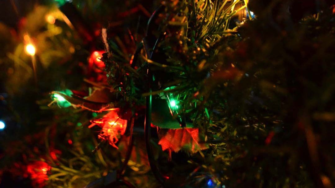 Close-up of colorful Christmas lights on a decorated tree