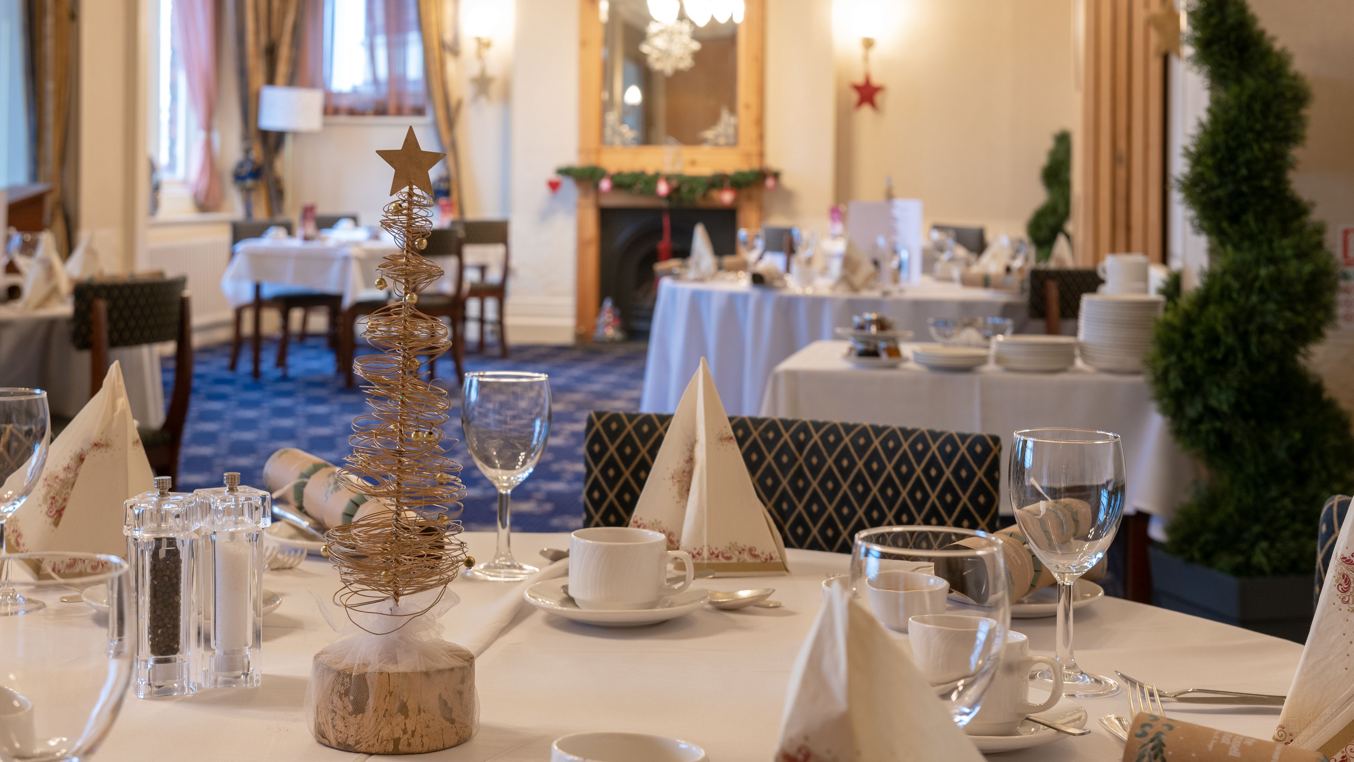 Elegant dining room decorated for a festive event with neatly set tables and a gold wire Christmas tree centerpiece.