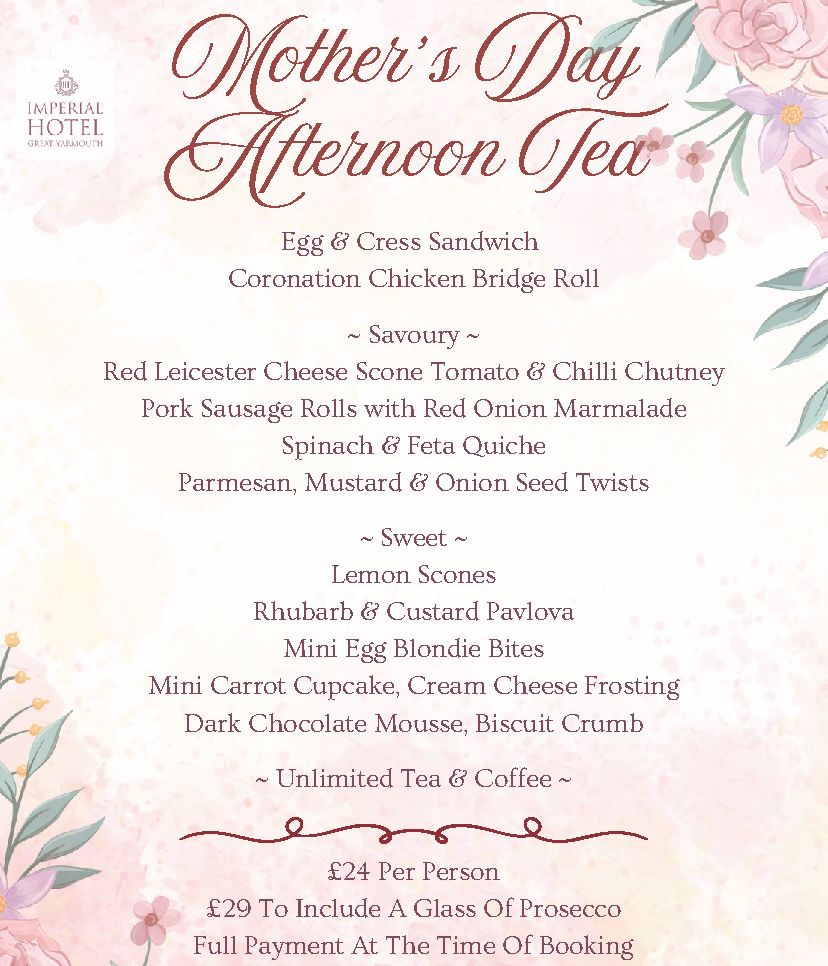 Mother's Day Afternoon Tea Menu 2026 at Imperial Hotel with floral borders and selection of food items listed.