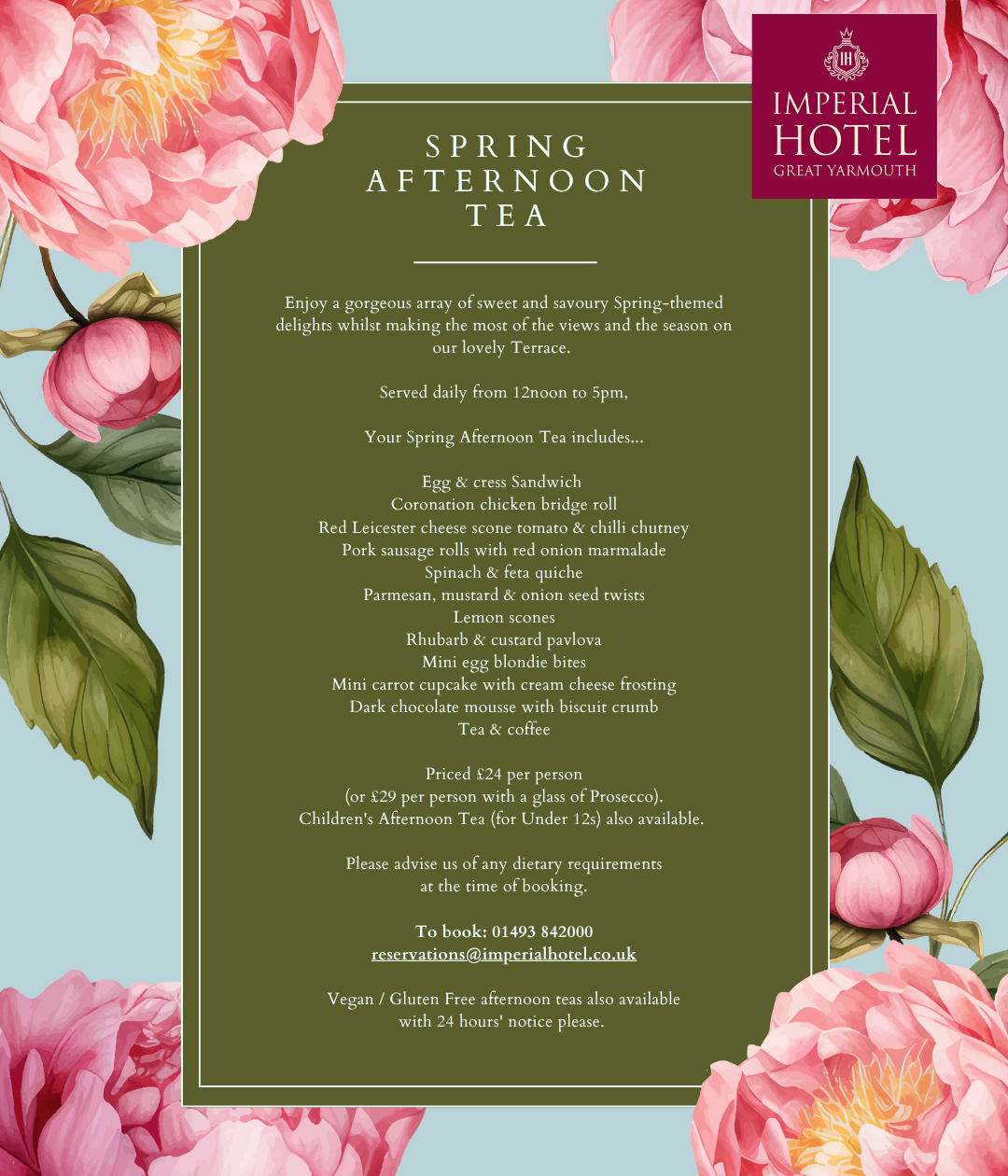 Spring Afternoon Tea menu from Imperial Hotel with floral design and detailed listings of food and drink options.