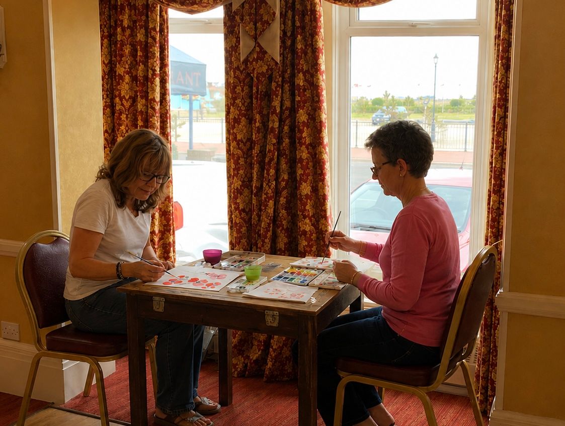 Two women painting at a table by a large window with patterned curtains