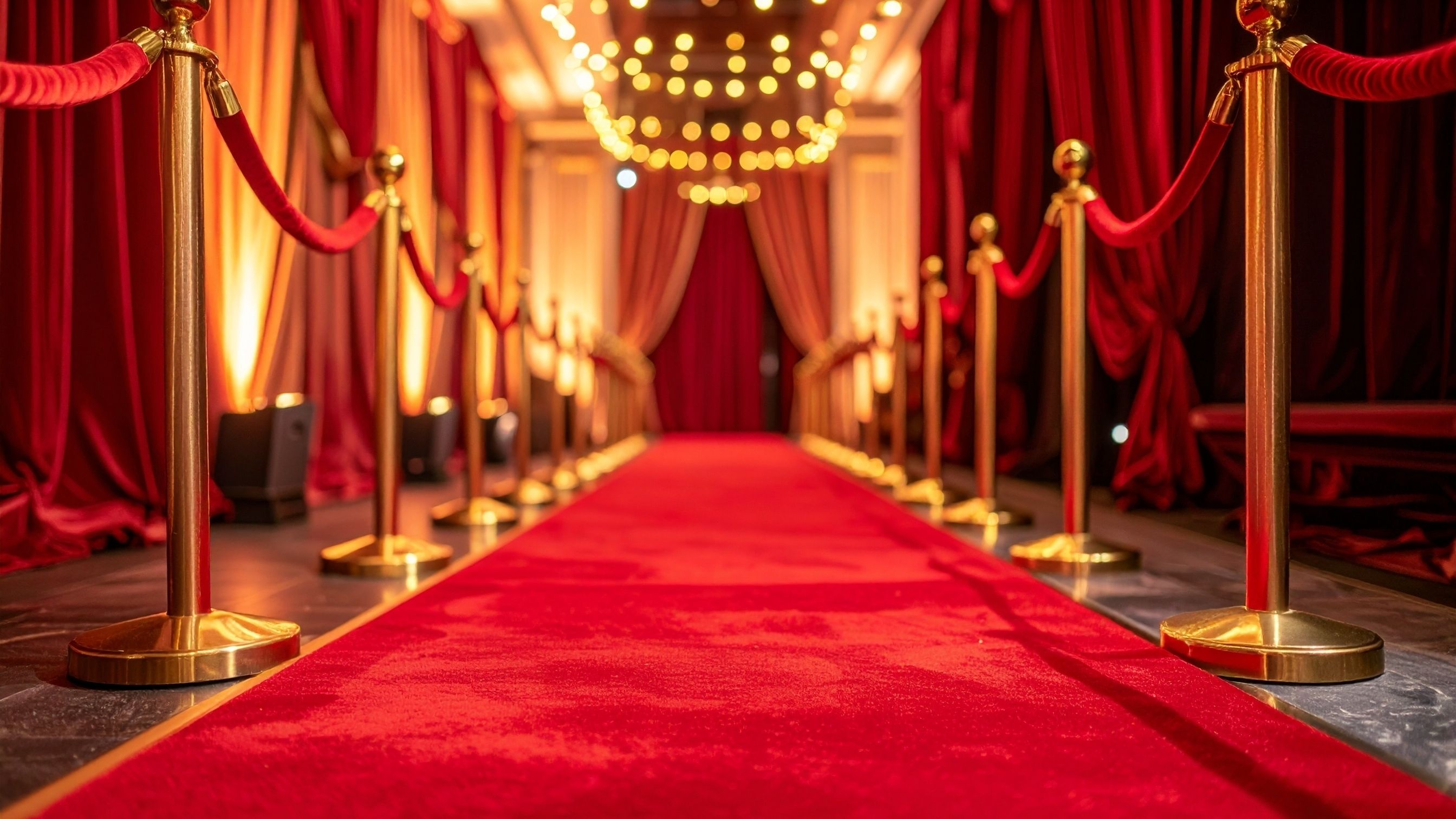 Red carpet entrance lined with gold stanchions and velvet ropes under warm lights