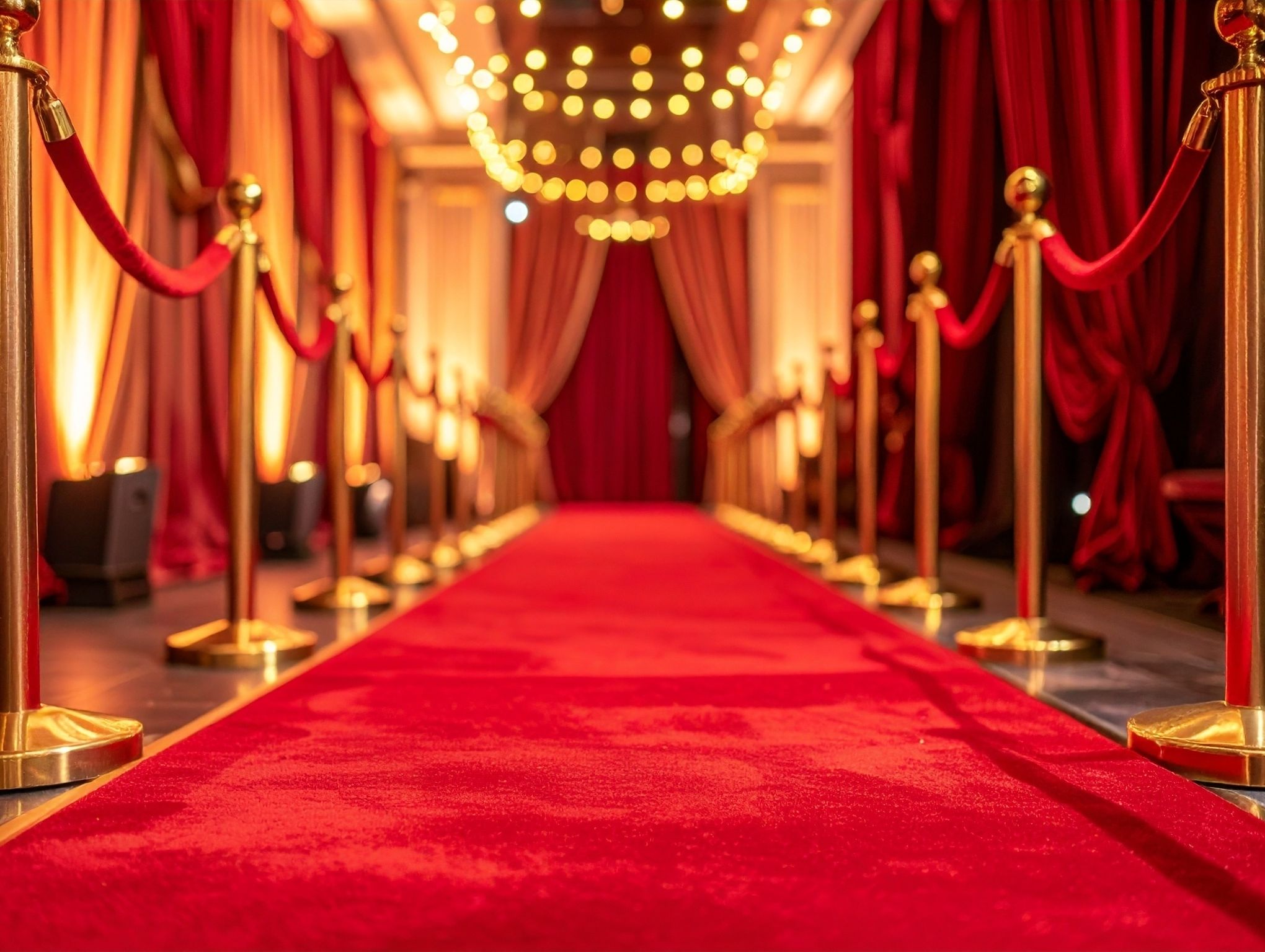 Red carpet entrance lined with gold stanchions and velvet ropes under warm lights