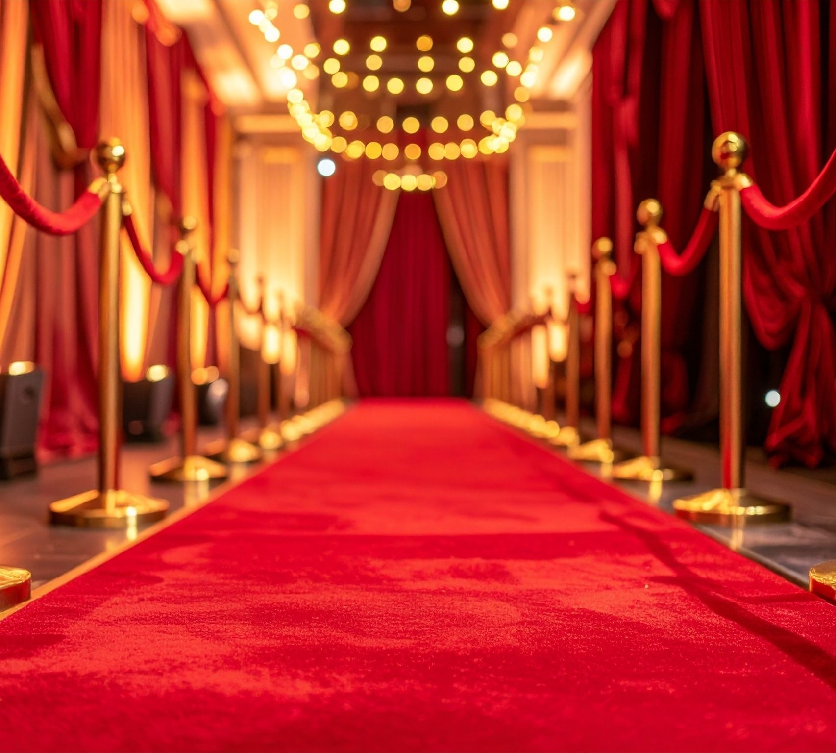Red carpet entrance lined with gold stanchions and velvet ropes under warm lights