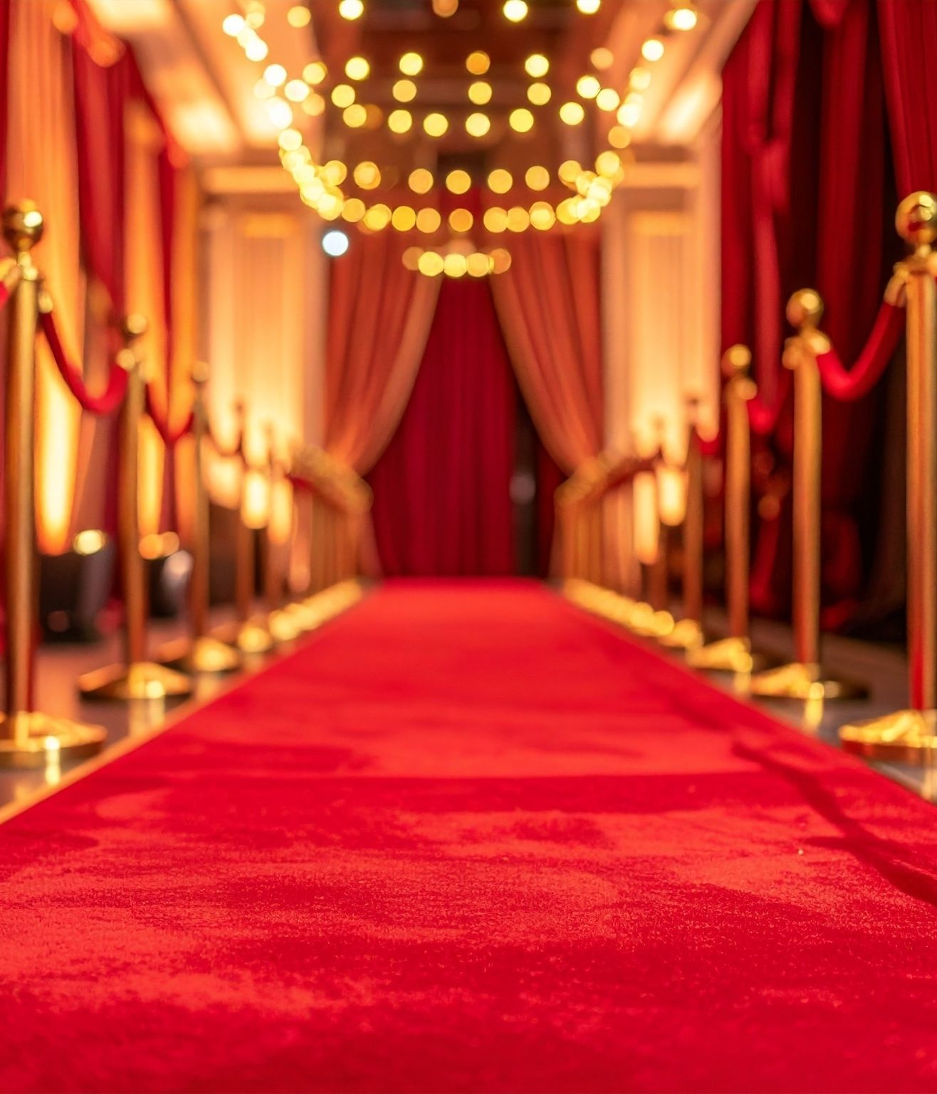 Red carpet entrance lined with gold stanchions and velvet ropes under warm lights