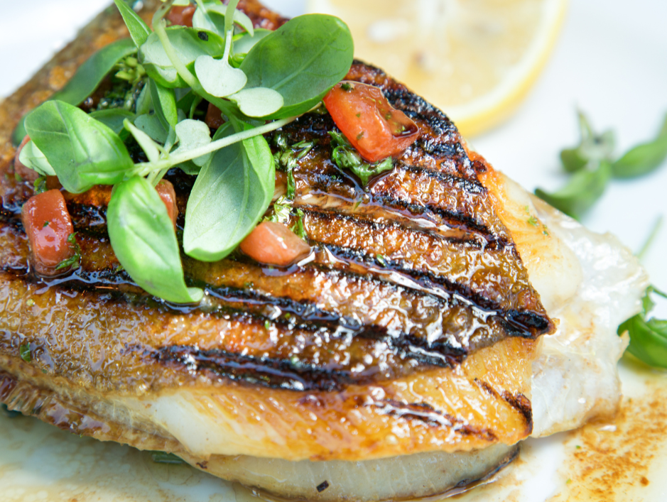 Close-up of grilled fish fillet topped with fresh herbs and diced tomato