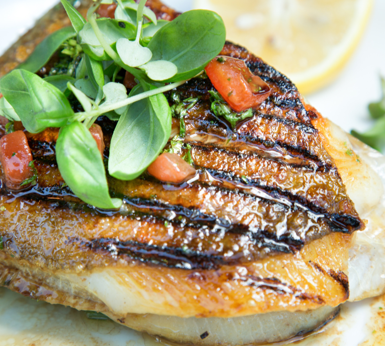 Close-up of grilled fish fillet topped with fresh herbs and diced tomato
