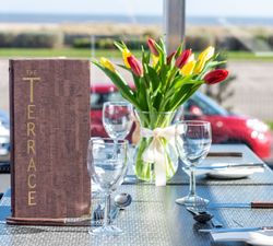 Outdoor restaurant table set with glassware, cutlery, a menu labeled 'The Terrace', and a vase of red and yellow tulips.