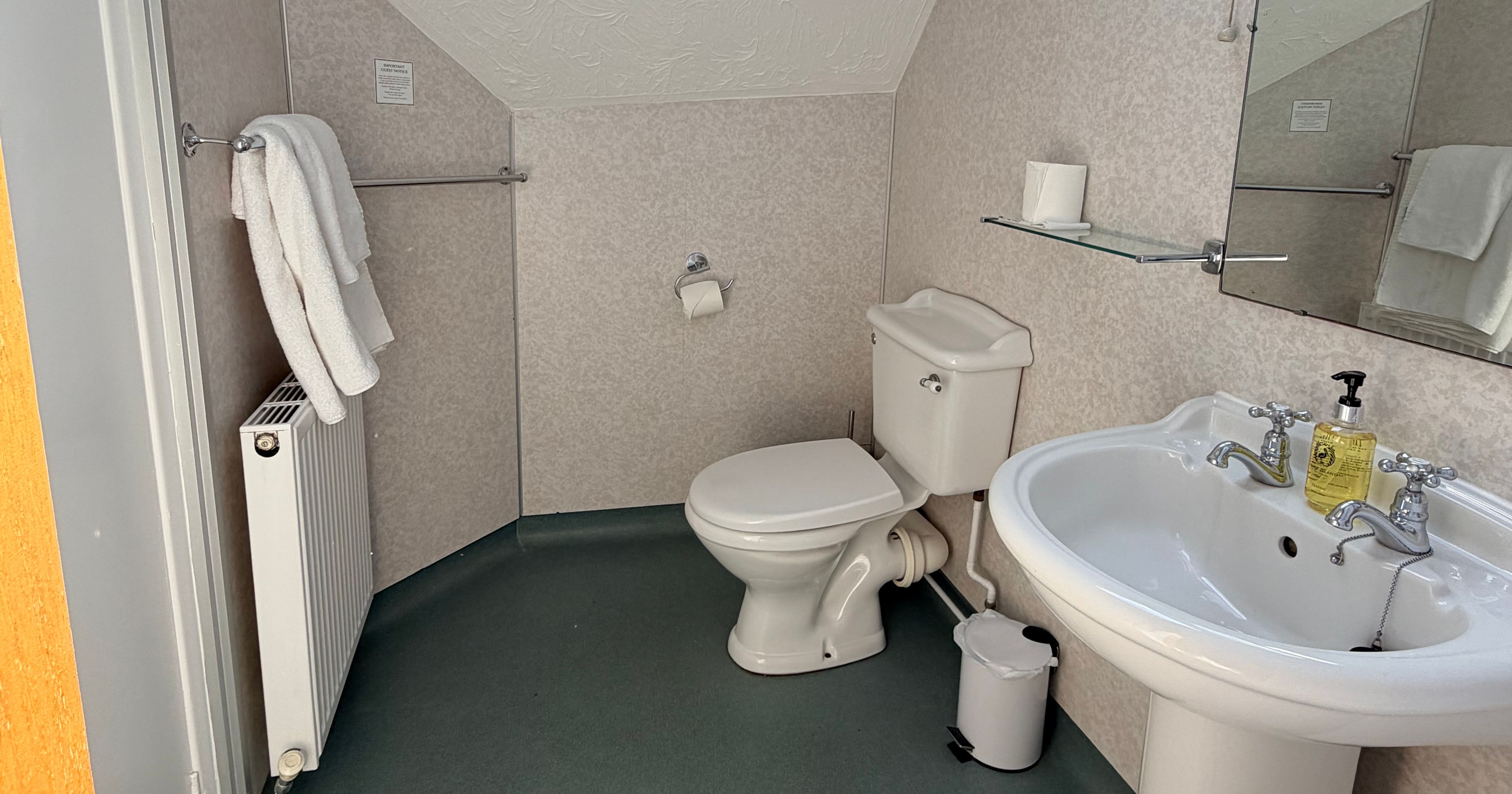 Compact lodge bathroom with pedestal sink, toilet, mirror and skylight window