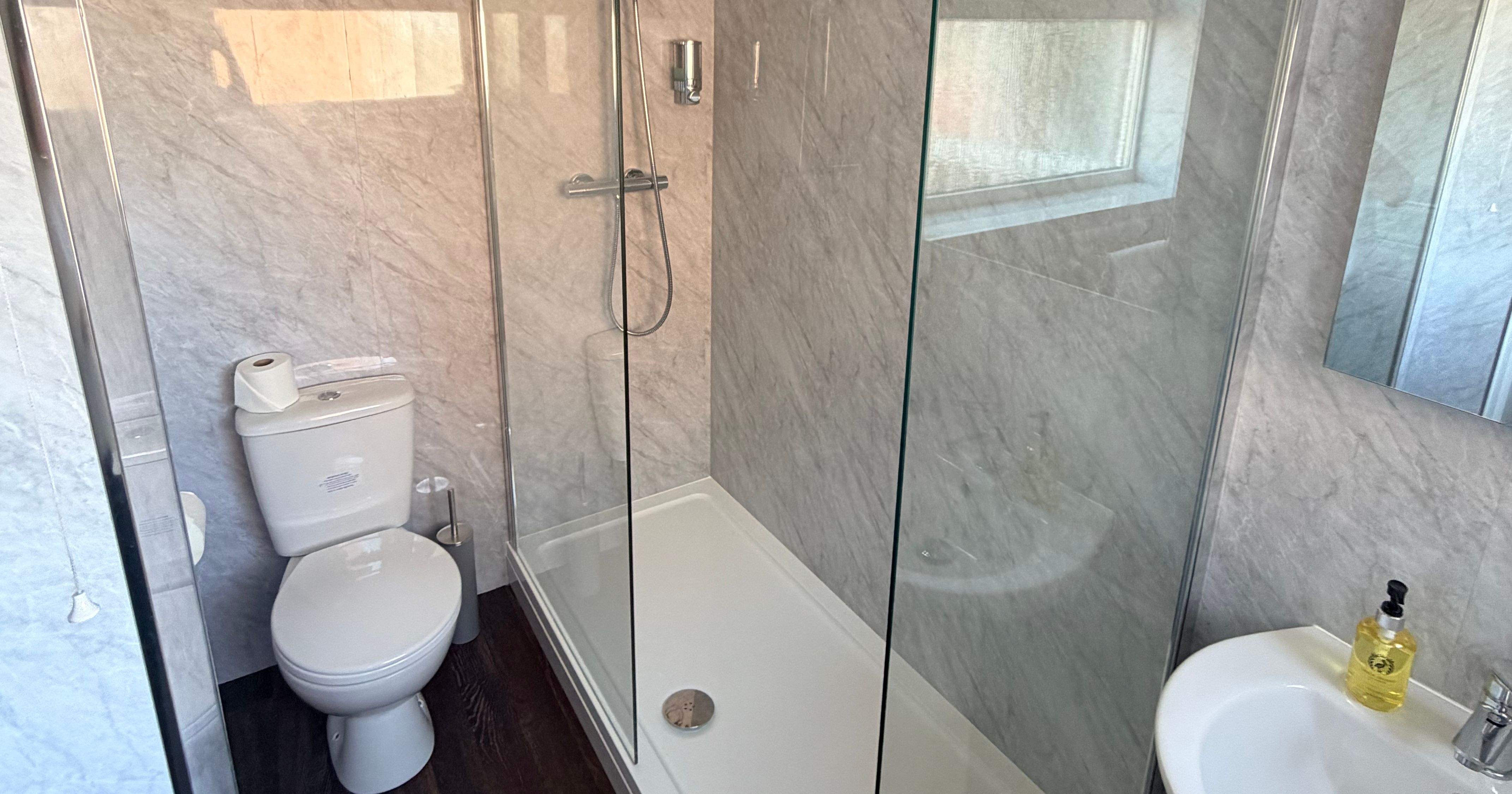 Single bathroom with walk-in shower, glass screen, toilet and basin